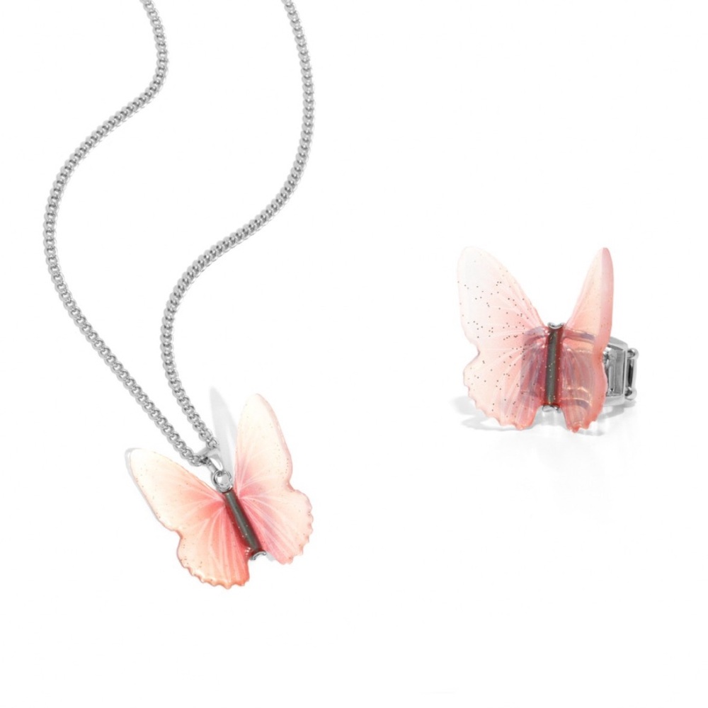 Butterfly Pendant Necklace and Ring Set Orange and Silver